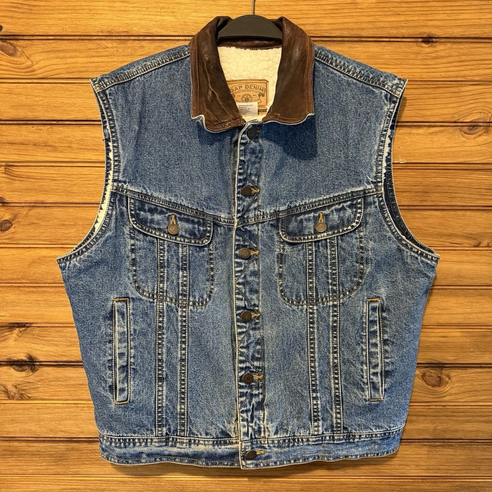 Vintage 90s Gap Denim Vest Sherpa Lined Mens Small Pockets Button Leather Trim
